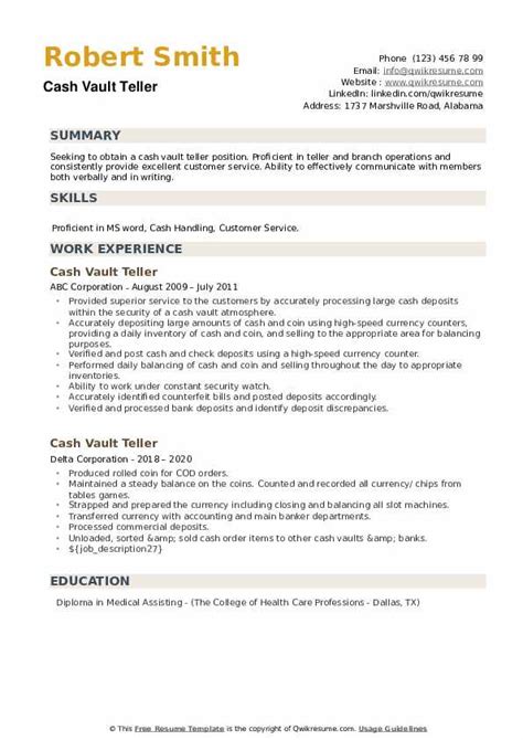 vault cashier resume examples|Cash Vault Teller Resume Samples .
